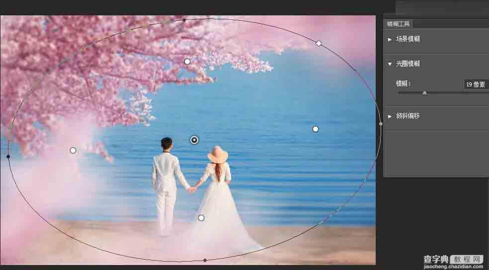 Photoshop合成唯美的樱花树下面朝大海的婚片美景10