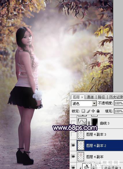 Photoshop调制出暗调秋季蓝紫色树林人物图片41